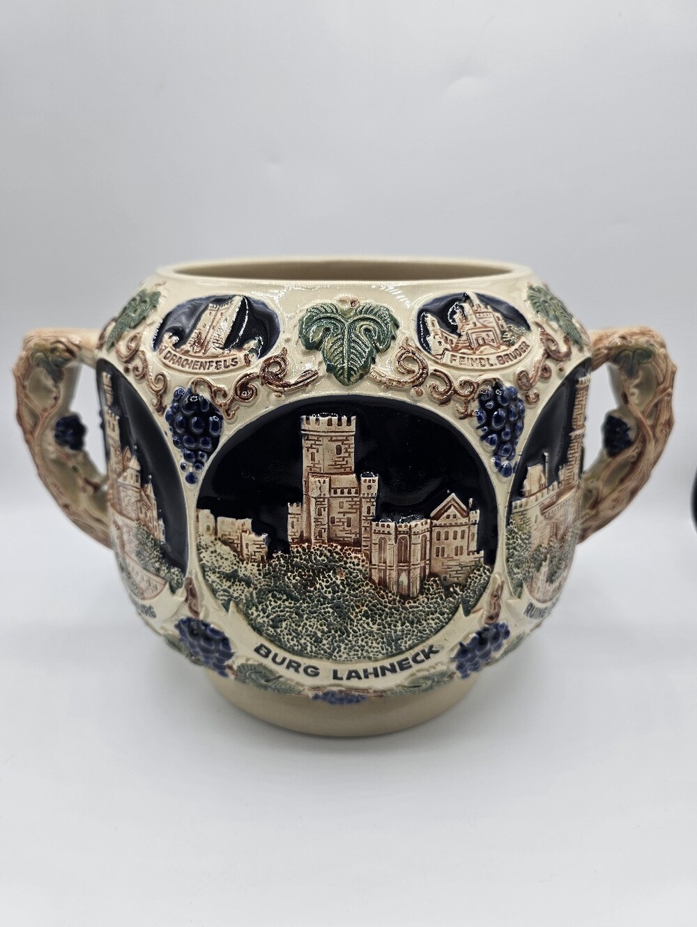 Gerz Gerzit German Rumtopf Stoneware Punch Bowl Planter Relief Rhine Castles 4L